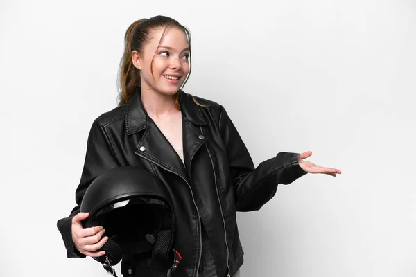 Young Caucasian Girl Motorcycle Helmet Isolated White Background Surprise Expression — Stok fotoğraf