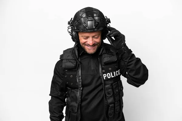 Middle Age Swat Man Isolated White Background Laughing — Stockfoto