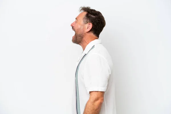 Middle Age Caucasian Man Isolated White Background Laughing Lateral Position — Stock Photo, Image