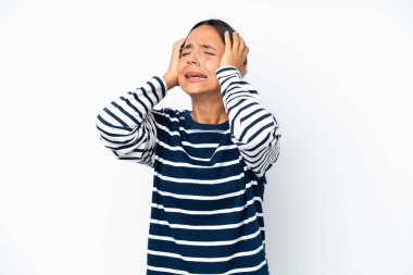 Young hispanic woman isolated on white background stressed overwhelmed