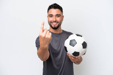 Arab young football player man isolated on white background doing coming gesture
