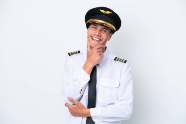 Airplane caucasian pilot isolated on white background smiling