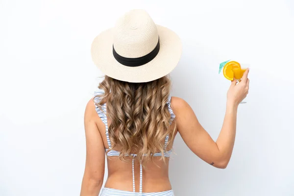 Young Woman Holding Cocktail Wearing Bikini Isolated White Background Back — Foto de Stock