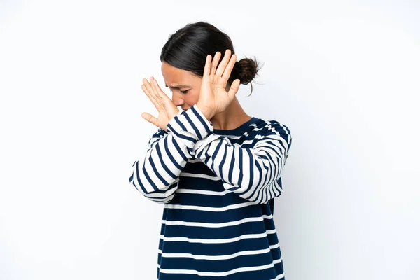 Young Hispanic Woman Isolated White Background Nervous Stretching Hands Front —  Fotos de Stock