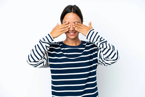 Young Hispanic Woman Isolated White Background Covering Eyes Hands Smiling — Stock Fotó