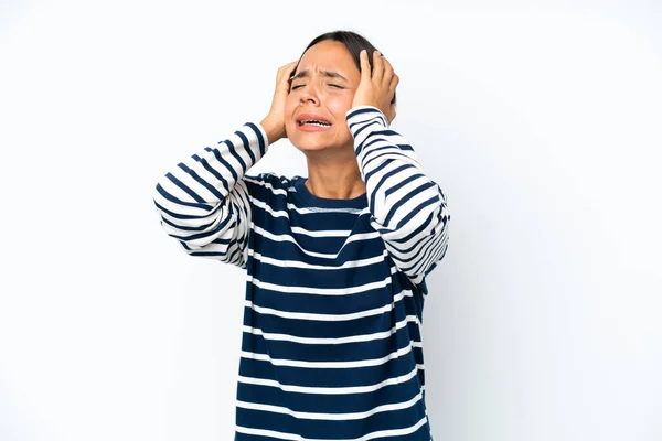 Young Hispanic Woman Isolated White Background Stressed Overwhelmed — Stockfoto
