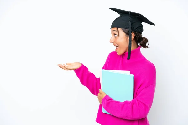 Young Student Hispanic Woman Holding Books Isolated White Background Surprise — Stock fotografie