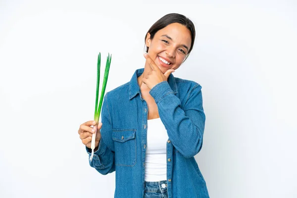 Young Hispanic Woman Holding Chive Isolated White Background Happy Smiling — Stockfoto