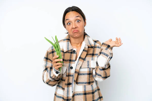 Young Hispanic Woman Holding Green Beans Isolated White Background Having — стоковое фото