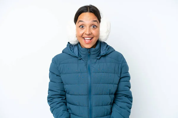 Young Hispanic Woman Wearing Winter Earmuffs Isolated White Background Surprise —  Fotos de Stock