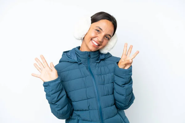 Young Hispanic Woman Wearing Winter Earmuffs Isolated White Background Counting —  Fotos de Stock