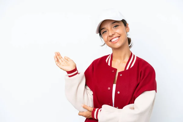 Young Hispanic Woman Wearing Baseball Uniform Isolated White Background Extending — Stockfoto