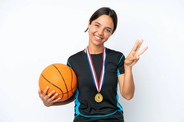 Young Basketball Player Woman Isolated White Background Happy Counting Three — Zdjęcie stockowe