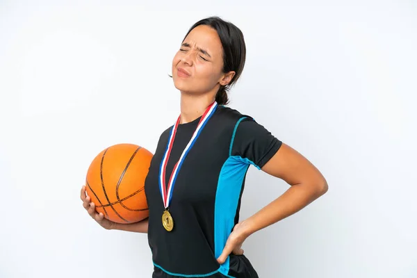 Young Basketball Player Woman Isolated White Background Suffering Backache Having — Zdjęcie stockowe