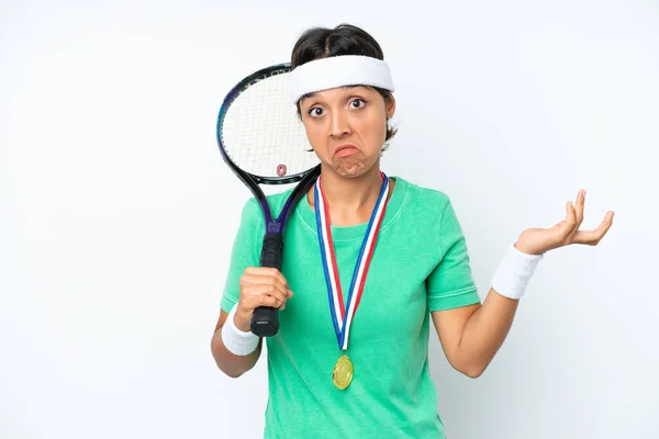 Young Tennis Player Woman Isolated White Background Having Doubts While — Zdjęcie stockowe