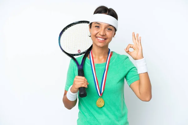 Young Tennis Player Woman Isolated White Background Showing Sign Fingers — Stock Photo, Image