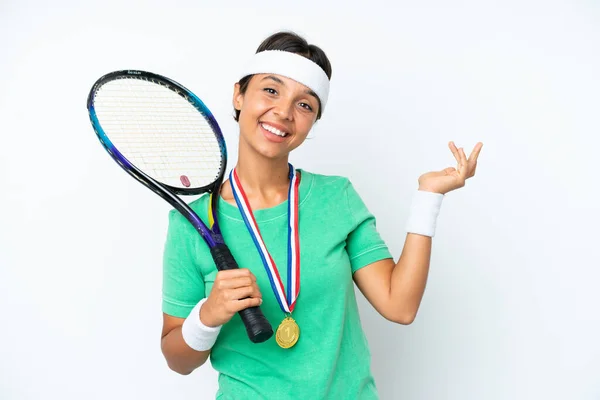 Young Tennis Player Woman Isolated White Background Extending Hands Side — Stock Photo, Image