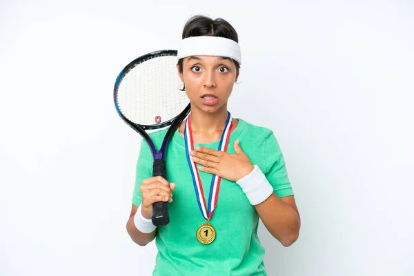 Young Tennis Player Woman Isolated White Background Surprised Shocked While — Stock Photo, Image