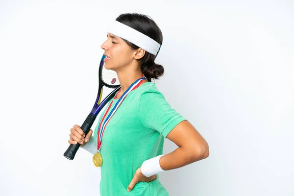 Young Tennis Player Woman Isolated White Background Suffering Backache Having — Zdjęcie stockowe