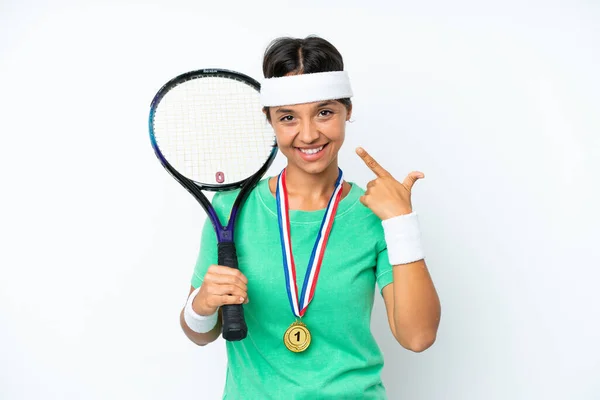 Young Tennis Player Woman Isolated White Background Giving Thumbs Gesture — Stock Photo, Image