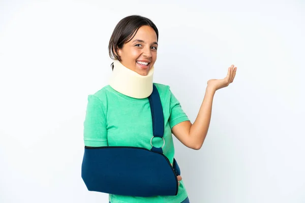 Young Hispanic Woman Wearing Neck Brace Sling Isolated White Background — 스톡 사진