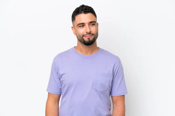 Young Arab Handsome Man Isolated White Background Having Doubts While — Stock Fotó