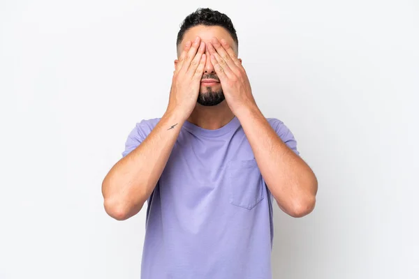Young Arab Handsome Man Isolated White Background Covering Eyes Hands — ストック写真