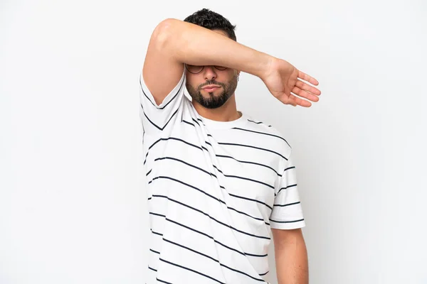 Young Arab Handsome Man Isolated White Background Covering Eyes Hands — Φωτογραφία Αρχείου