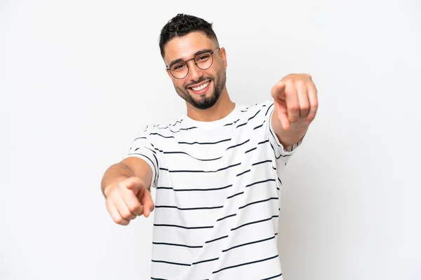 Young Arab Handsome Man Isolated White Background Pointing Front Happy — 스톡 사진