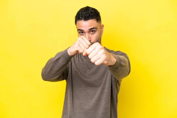 Young Arab Handsome Man Isolated Yellow Background Fighting Gesture — Fotografia de Stock