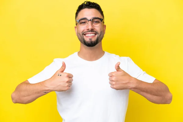 Young Arab Handsome Man Isolated Yellow Background Glasses Thumb — 스톡 사진