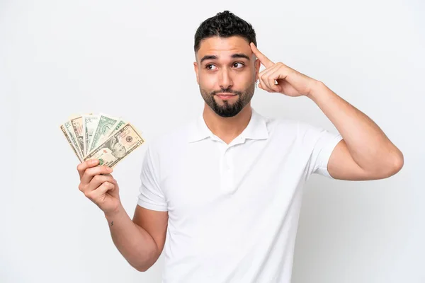 Young Arab Man Taking Lot Money Isolated White Background Having — Φωτογραφία Αρχείου