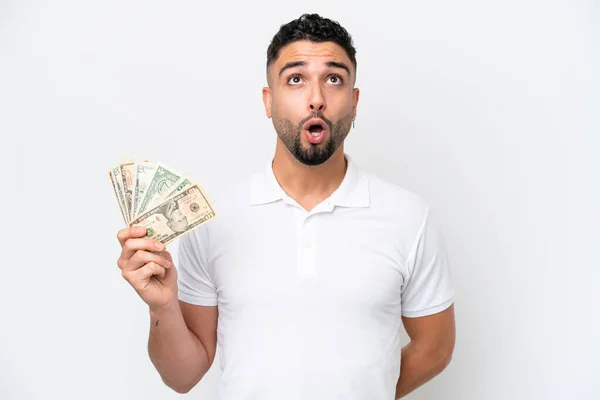 Young Arab Man Taking Lot Money Isolated White Background Looking — Φωτογραφία Αρχείου