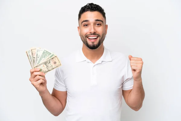 Young Arab Man Taking Lot Money Isolated White Background Celebrating — Φωτογραφία Αρχείου