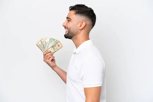 Young Arab Man Taking Lot Money Isolated White Background Laughing — Φωτογραφία Αρχείου