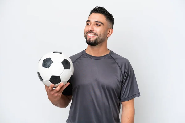 Arab Young Football Player Man Isolated White Background Thinking Idea — Stock Photo, Image