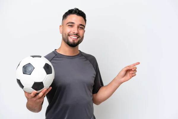 Arab Young Football Player Man Isolated White Background Pointing Finger — Stockfoto