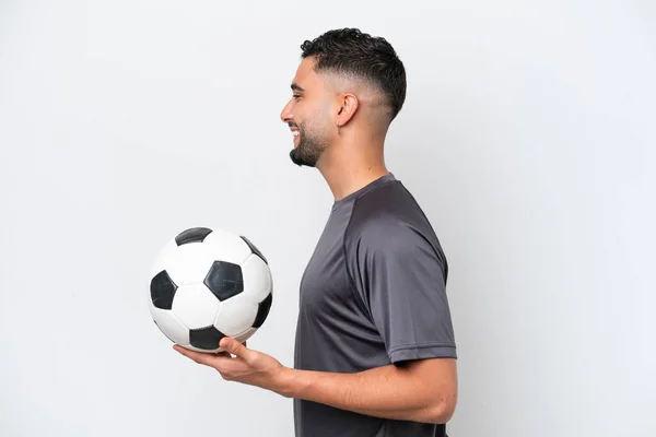 Arab Young Football Player Man Isolated White Background Laughing Lateral — Foto Stock