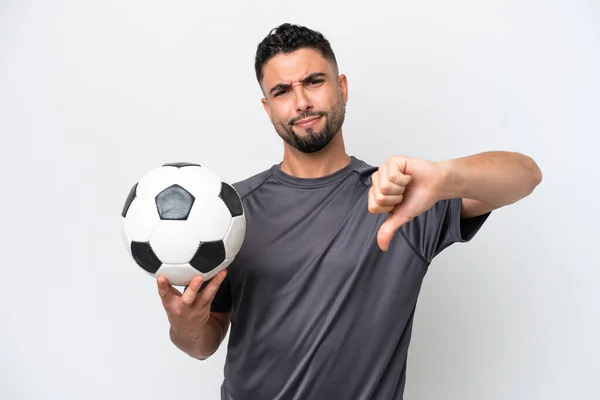 Arabische Jonge Voetballer Man Geïsoleerd Witte Achtergrond Tonen Duim Naar — Stockfoto