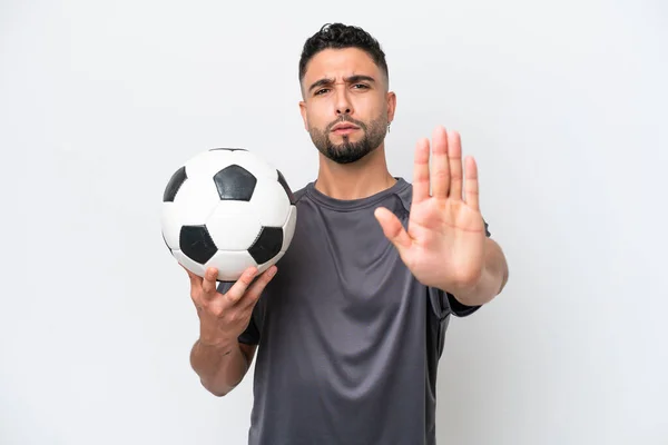 Arab Young Football Player Man Isolated White Background Making Stop — Foto Stock