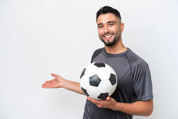 Arab Young Football Player Man Isolated White Background Extending Hands — Stockfoto