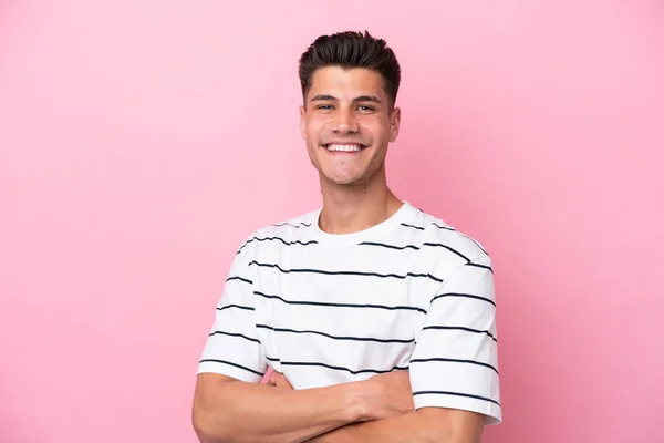 Jonge Blanke Man Geïsoleerd Roze Achtergrond Met Gekruiste Armen Kijken — Stockfoto