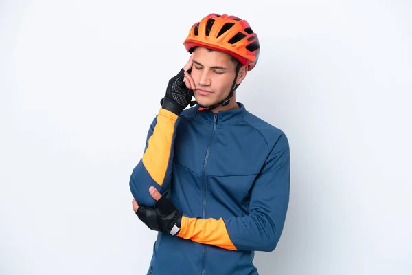 Young Cyclist Caucasian Man Isolated White Background Headache — Stock Photo, Image