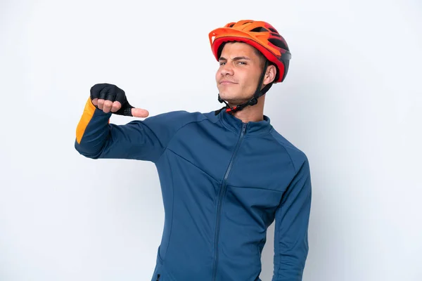 Young Cyclist Caucasian Man Isolated White Background Proud Self Satisfied — Fotografia de Stock