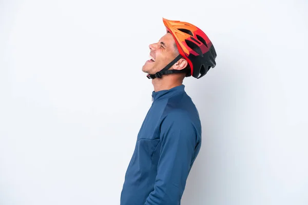 Young Cyclist Caucasian Man Isolated White Background Laughing Lateral Position — Stok fotoğraf