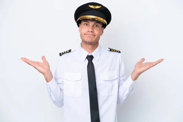 Airplane Caucasian Pilot Isolated White Background Having Doubts While Raising — Fotografia de Stock