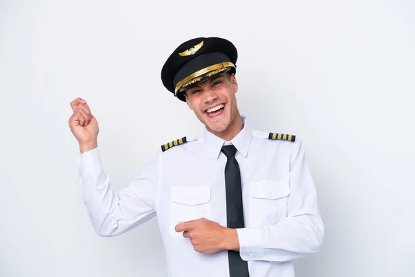 Airplane Caucasian Pilot Isolated White Background Making Guitar Gesture — Zdjęcie stockowe