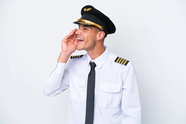 Airplane Caucasian Pilot Isolated White Background Shouting Mouth Wide Open — Zdjęcie stockowe