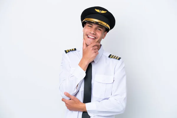 Airplane Caucasian Pilot Isolated White Background Smiling — Zdjęcie stockowe