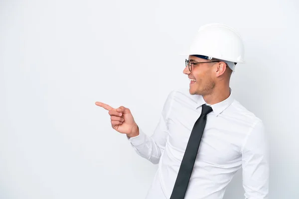 Young Architect Caucasian Man Helmet Holding Blueprints Isolated White Background — Φωτογραφία Αρχείου